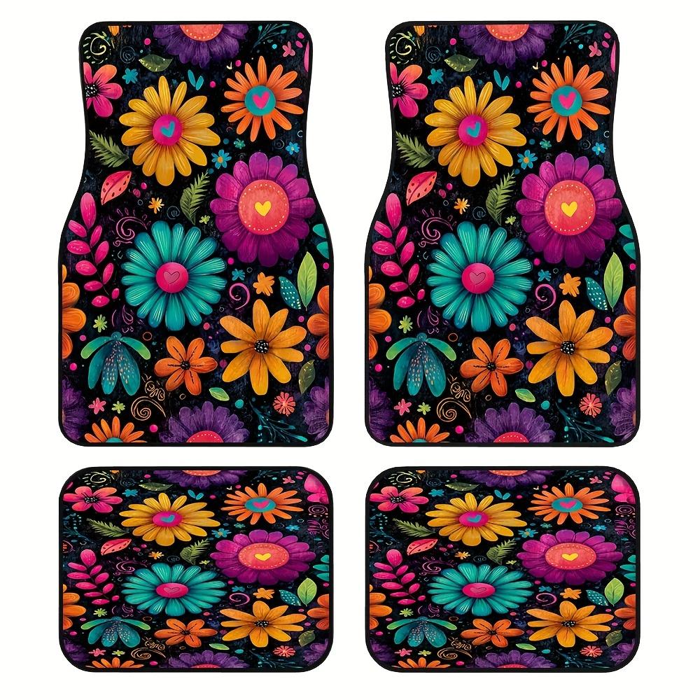4pcs Auto Mats Adorned with Floral Colorful Abstract Motif for Pickup Trucks or SUVs, Including Convenient Cleaning Surfaces and Gift