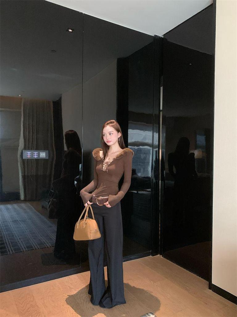 Women's Slim Fit Fur Collar Long Sleeve Top with Tie – Autumn/Winter Chic