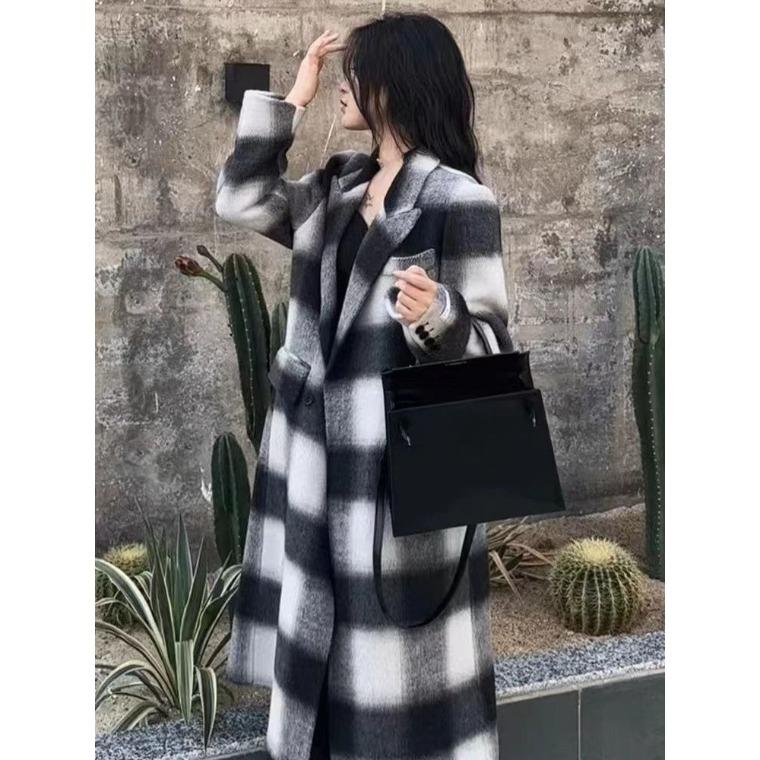 Women's Black White Plaid Wool Blend Long Coat British Style Elegant Versatile Autumn Winter