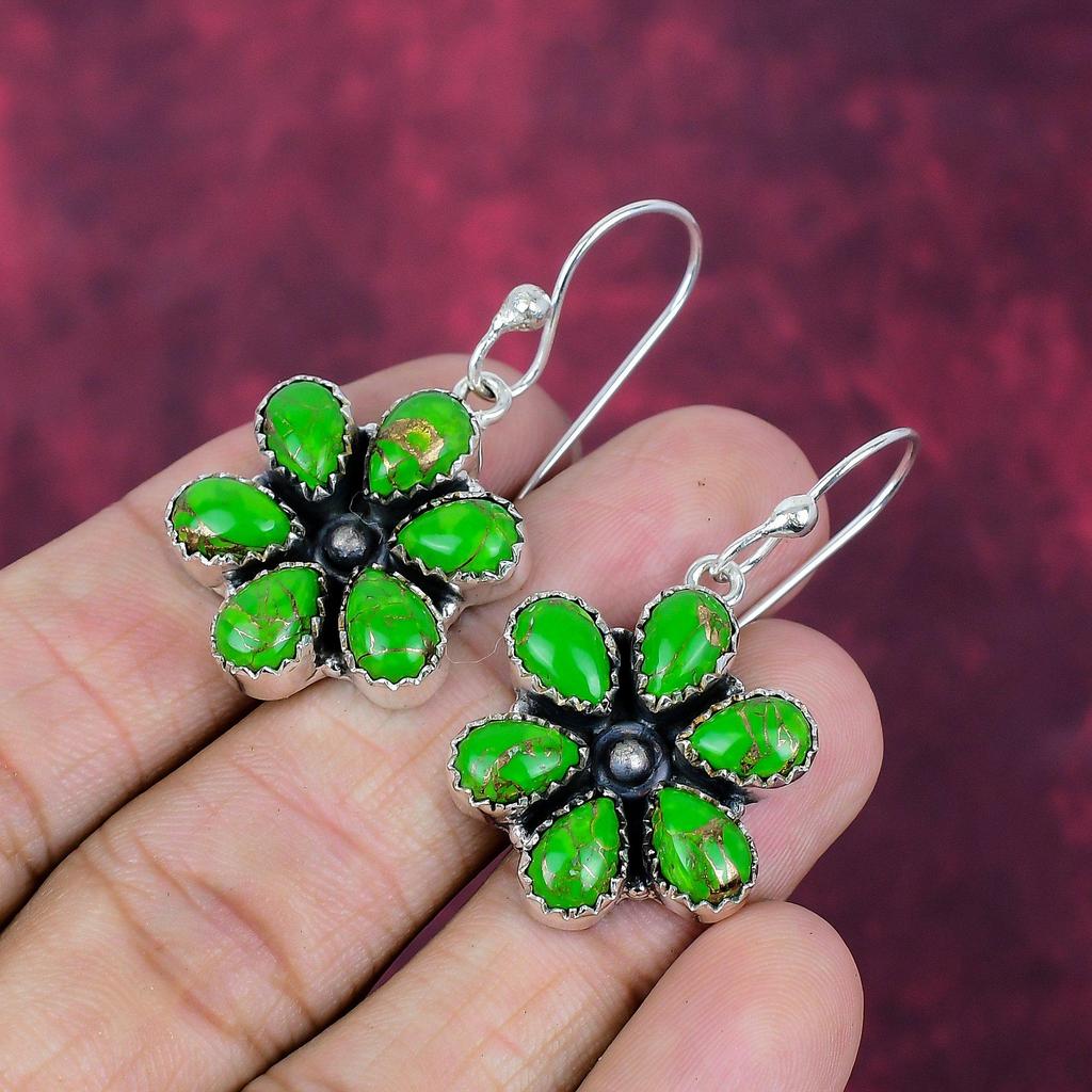 Green Copper Turquoise Handmade Gemstone Earrings, 925 Solid Sterling Silver Earrings Birthstone Jewelry, Love Forever Gift