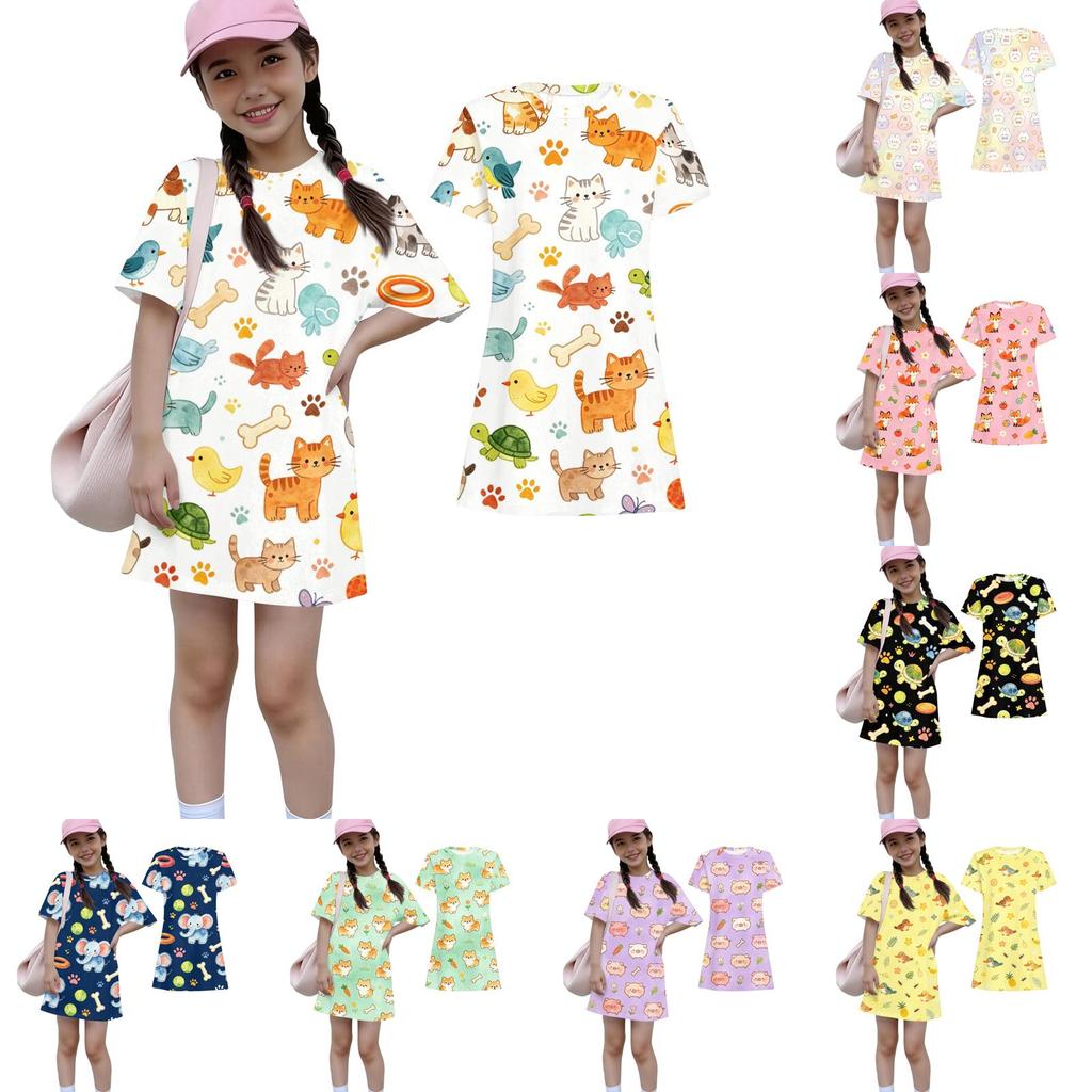 Girls Animal Print Dress Kids Loose Fit Short Sleeve Round Neck Lightweight Casual Dress for Children Summer Wear