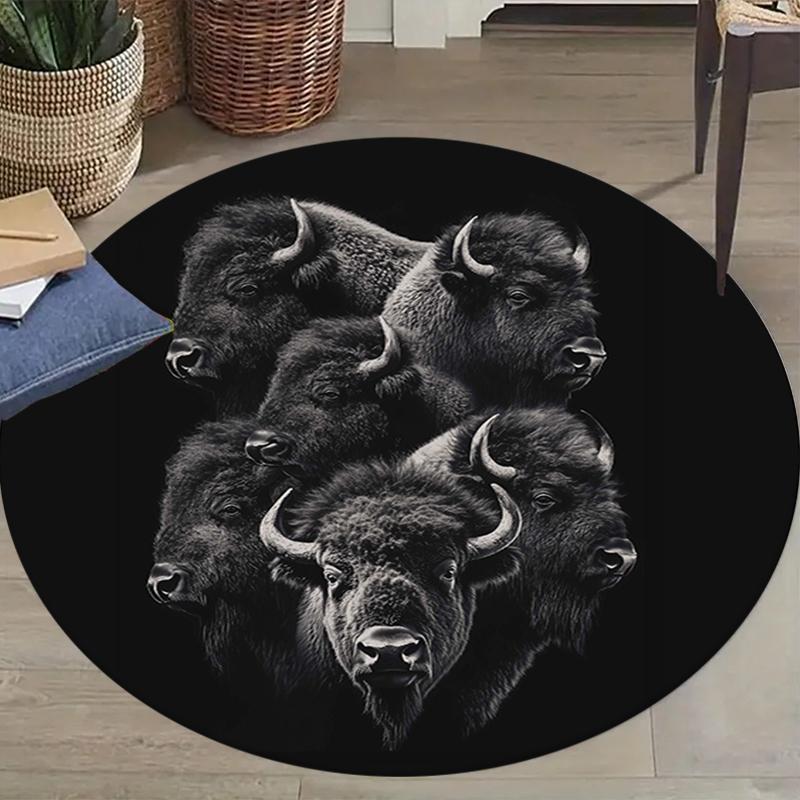 Bull Wolf Round Area Rug,Carpet Rug for Living Room Bedroom Sofa Playroom Decor,Non-slip Floor Mat