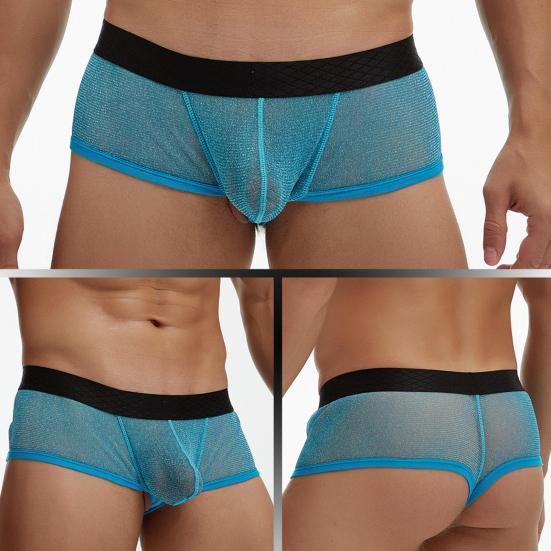 Men Boxer Underwear Low-rise Perspective Thin Shorts Panties Patchwork Color U-convex Wide Waistband Underwear