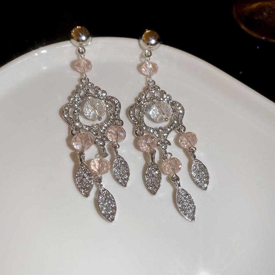 2025 Light Luxury Silver Needle Diamond Flower Tassel Earrings - Elegant European & American Style for Women