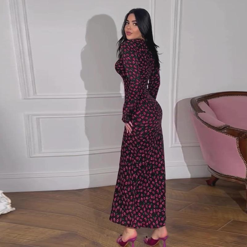 Rochie bodycon de toamnă 2024 pentru femei europene și americane, cu gât rotund, imprimeu, croială slim