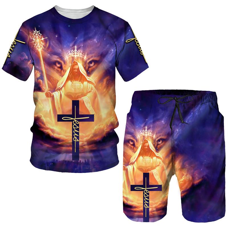 

Lion Cross Jesus 3D Print Tracksuit Men s Christian Beach Suit Short Sleeve T-Shirt Shorts Sets Sportswear Men Suits Clothing S
