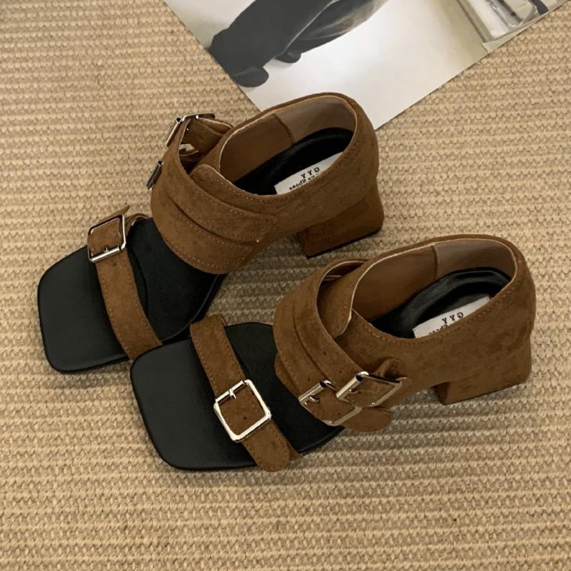 Fashion High Quality Faux Suede Heeled Sandals Women Fashion Square Toe Buckle Brand Designer Shoes Comfort Open Toe Sandalias De Mujer