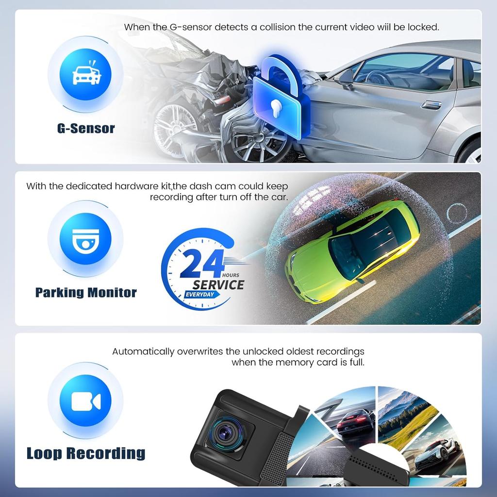 10.88' 4K Mirror Dash Cam, Dual Rear View, Night Vision, G-Sensor, APP Control, Loop Recording