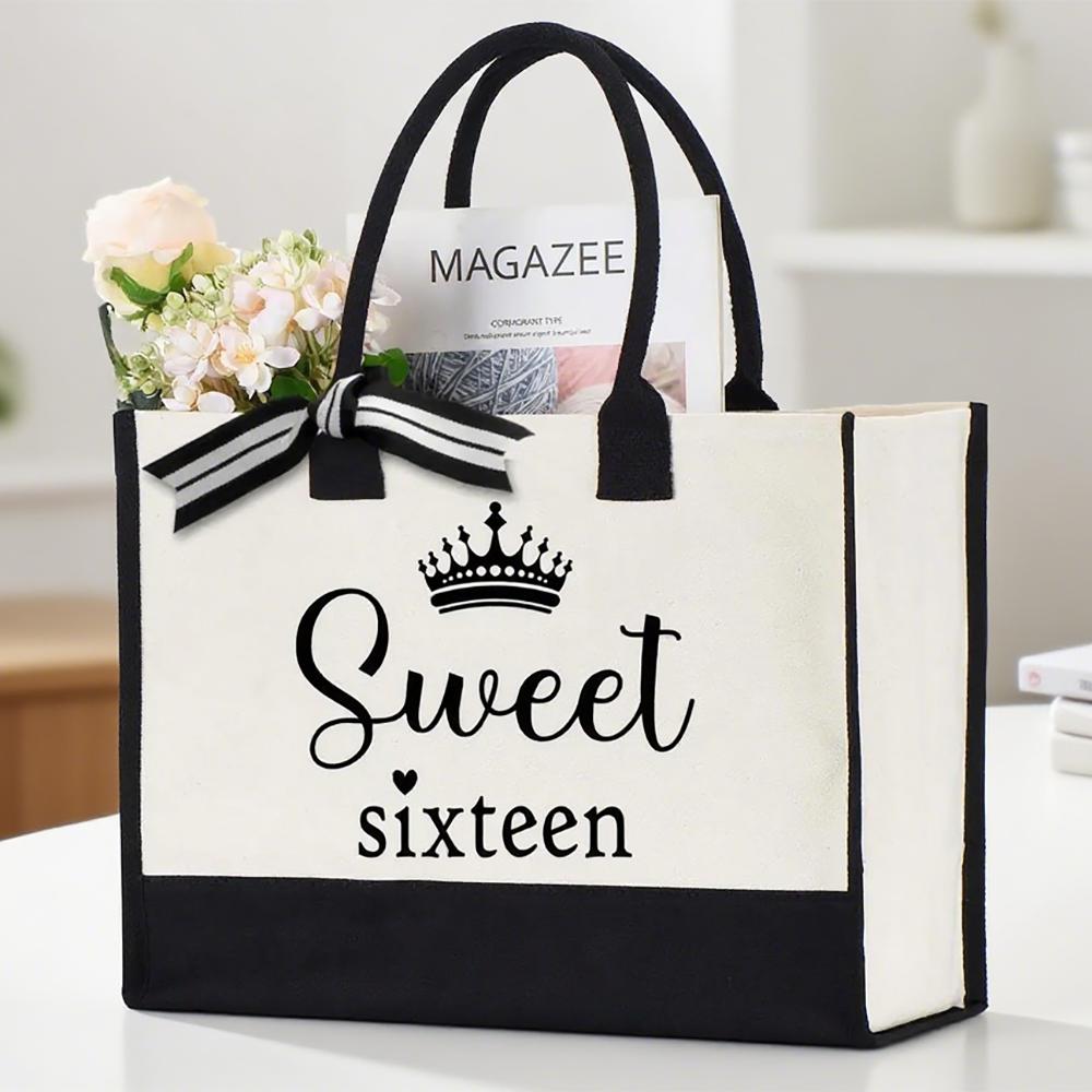 Sweet Sixteen Tote Bag Canvas Bag Celebration Sweet 16 Birthday Party Decoration Supplies Gift for Daughter or Women Souvenirs