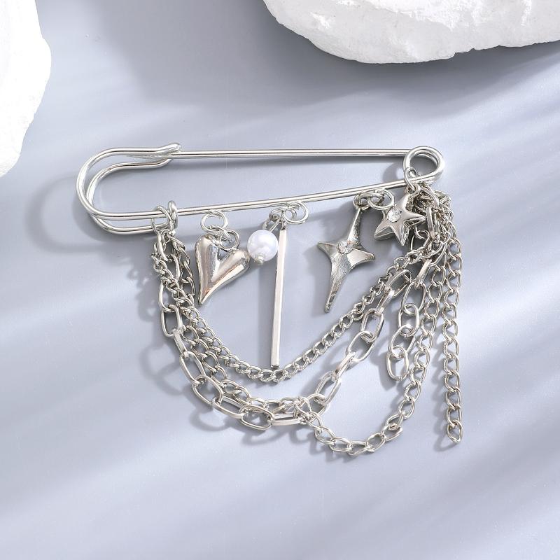 Fashion Heart Star Tassel Chain Brooch Simple Metal Pearl Multi-Layer Chain Brooches Charm Jewelry Decoration Accessories