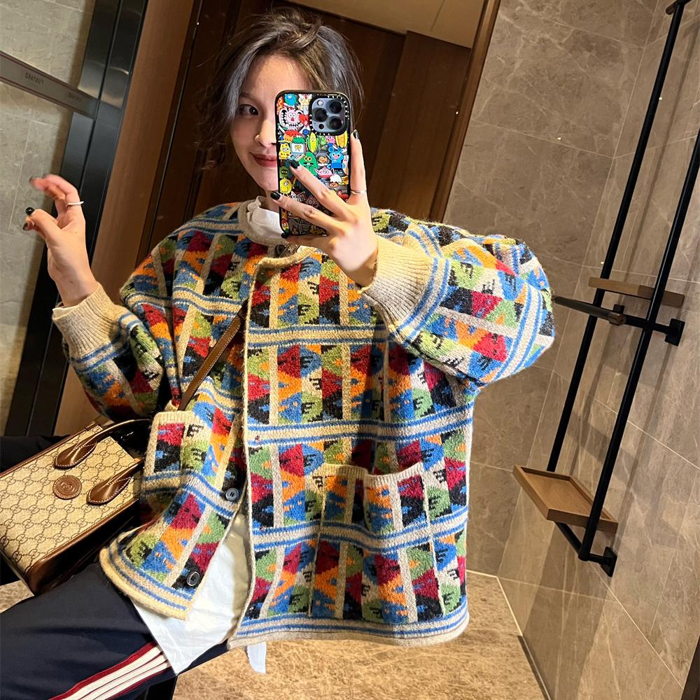 

Высококачественный женский кардиган-жакет в корейском стиле, вязаный, в клетку, с цветовыми блоками, ретро, свободный вязаный топ с шерстью one size