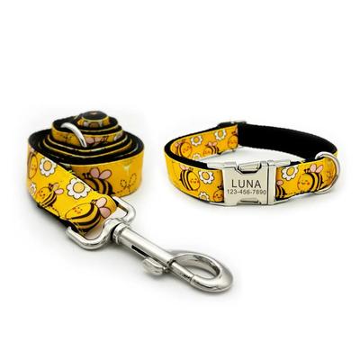 Personalisiertes Hundehalsband Kundenspezifisches Haustierhalsband Kostenlose Gravur ID Namensschild Anhänger Haustier Niedliche Biene Honiggelb Welpenhalsbänder Leine