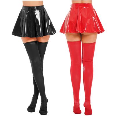 Short Skirts for Women Trendy High Waisted Leather Pleated Ruffle Skirt with Thigh High Stocking