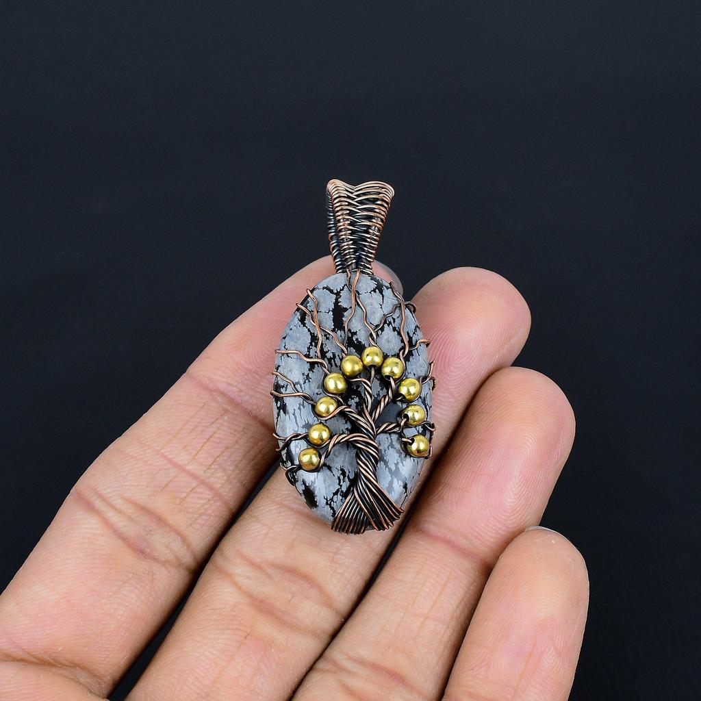 Snowflake Obsidian Pendant, 999 Copper Wire Wrapped Gemstone Handmade Dainty Jewelry Pendant, For Her