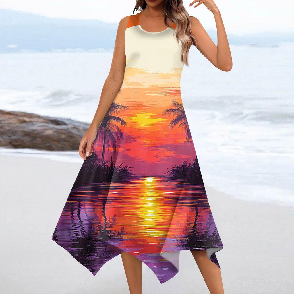 Abito midi da donna casual alla moda, con scollo rotondo, senza maniche, stampa floreale e orlo irregolare
