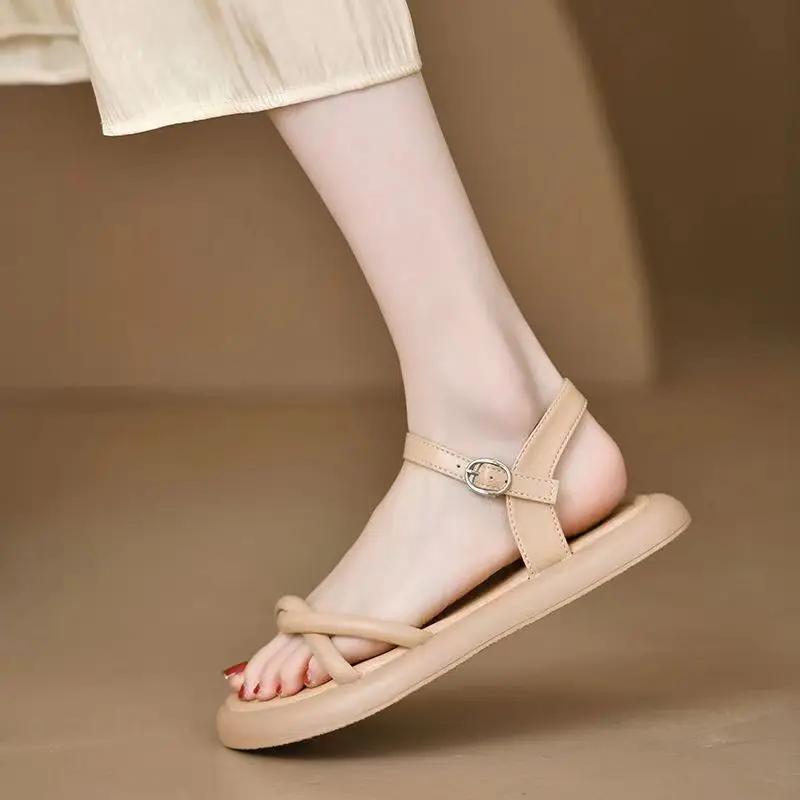 Fashion Ladies Shoes Outdoor Summer 2024 One Word Beach Open Toe Sandals for Women Flat Rubber Footwear Buckles No Heel Chic and Elegant