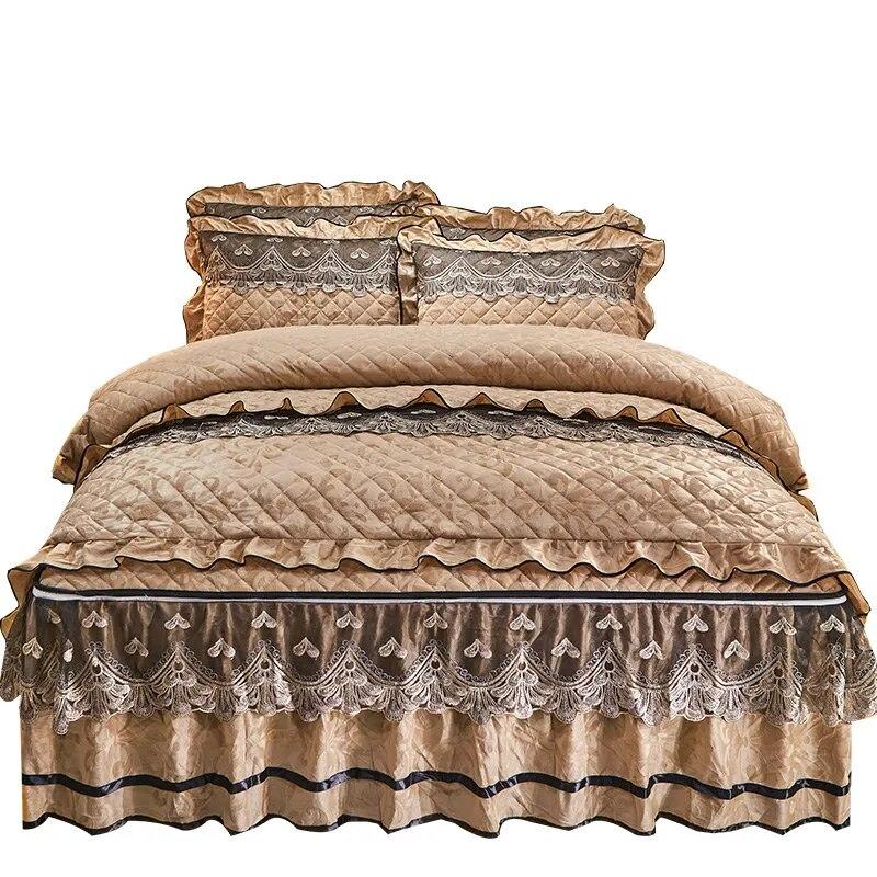 Set pilota matlasata din catifea Pat dublu 220x240 King Size Broderie Dantela Husa pilota de lux Solid 2 Fete de perna Moale