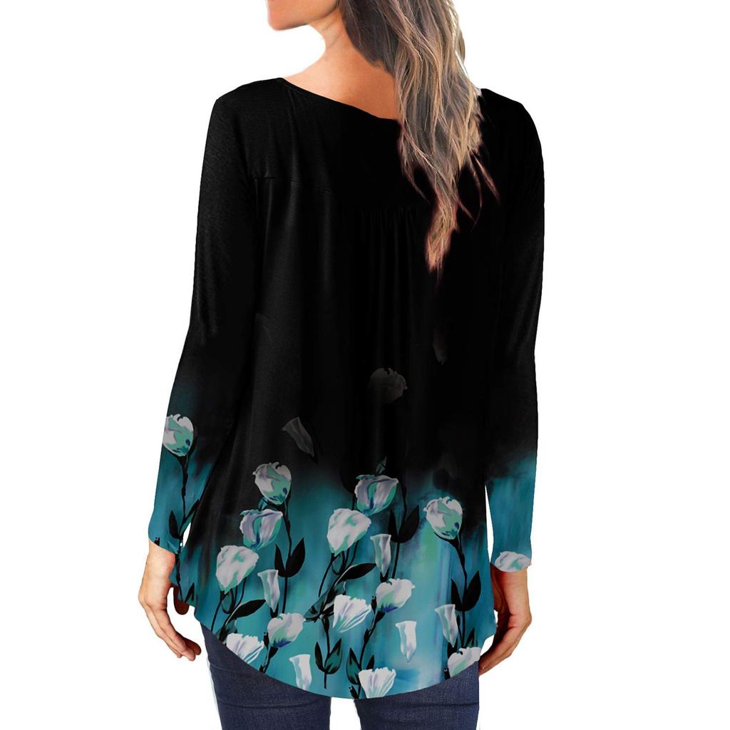 Modisches Damen-Oberteil mit Rundhalsausschnitt, bedruckten Knöpfen, langen Ärmeln und asymmetrischem Saum