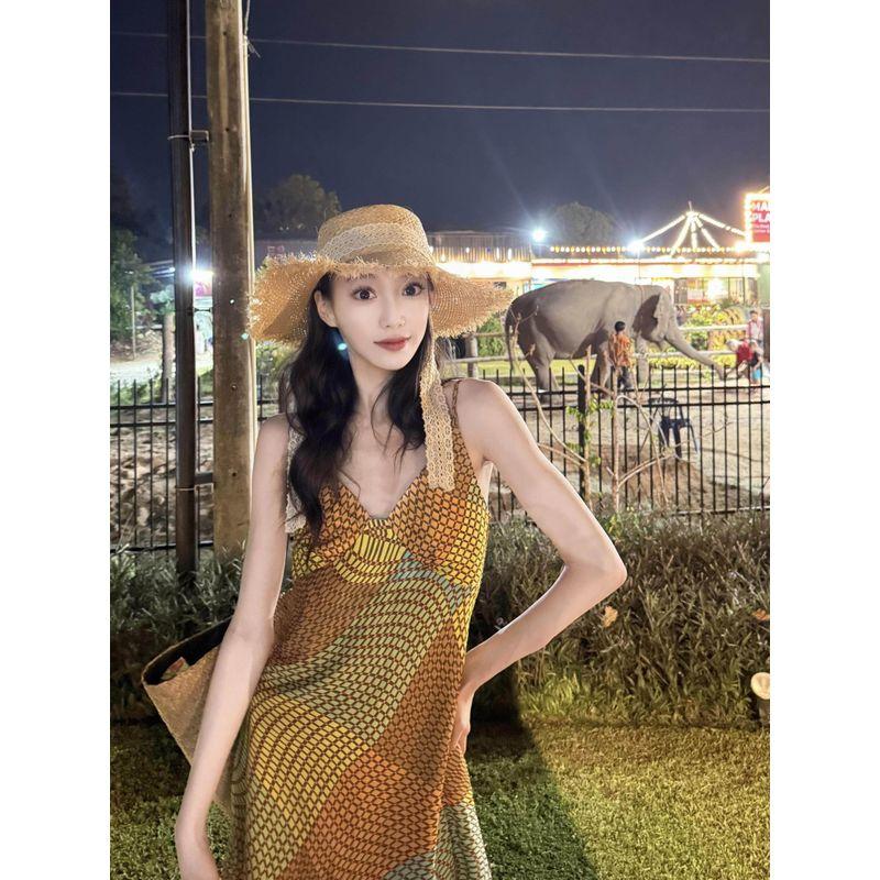 Thailand Southeast Asia Travel Wear Asymmetrical Contrast Color Oblique Cut Printing Slip Dress Women's Seaside Holiday Short Dress