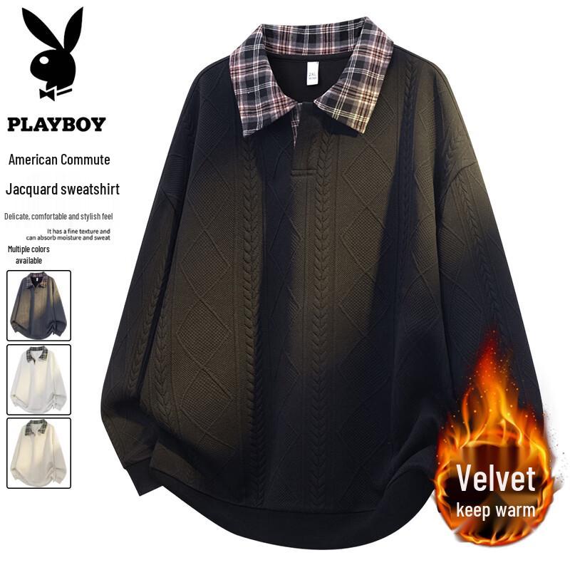 PLAYBOY Men's Oversized Plaid Patchwork Polo Sweatshirt