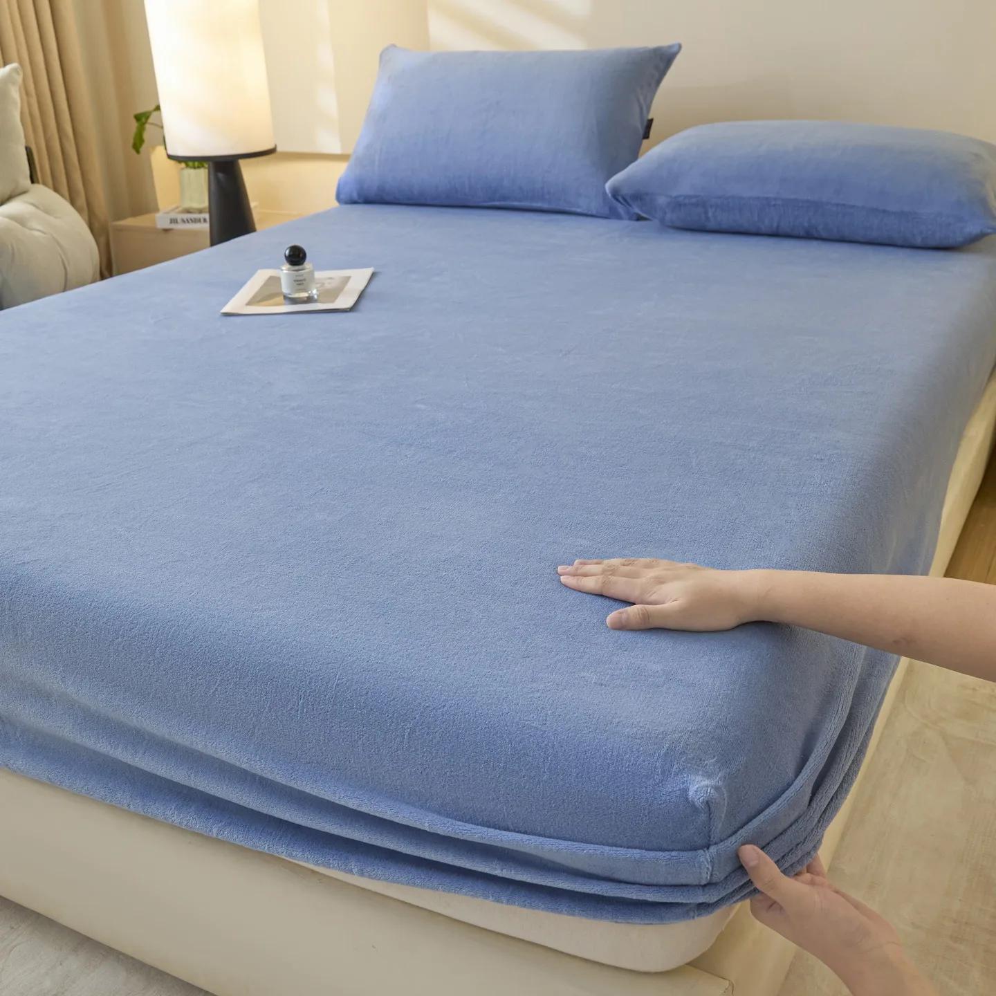

3pcs Solid Color Velvet Fabric Fitted Sheet Soft Elastic Bedspread Mattress Cover Bed Protector Fitted Sheet Winter Keep Warm 3pcs 90x200cm синий