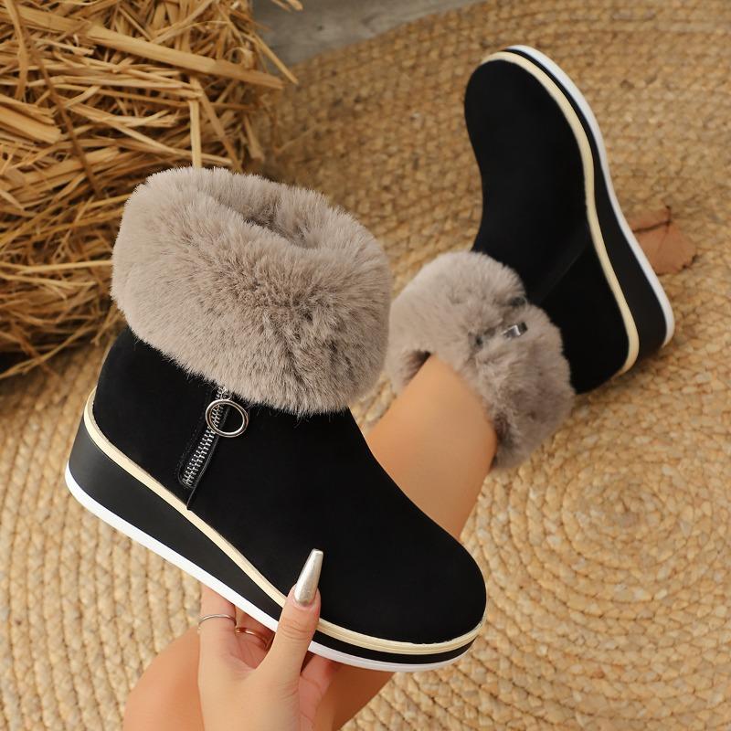 Women's Wide Width Snow Boots, Wedge Heel Plush Lined Winter Shoes, Furry Collar Warm Ankle Booties Fashion