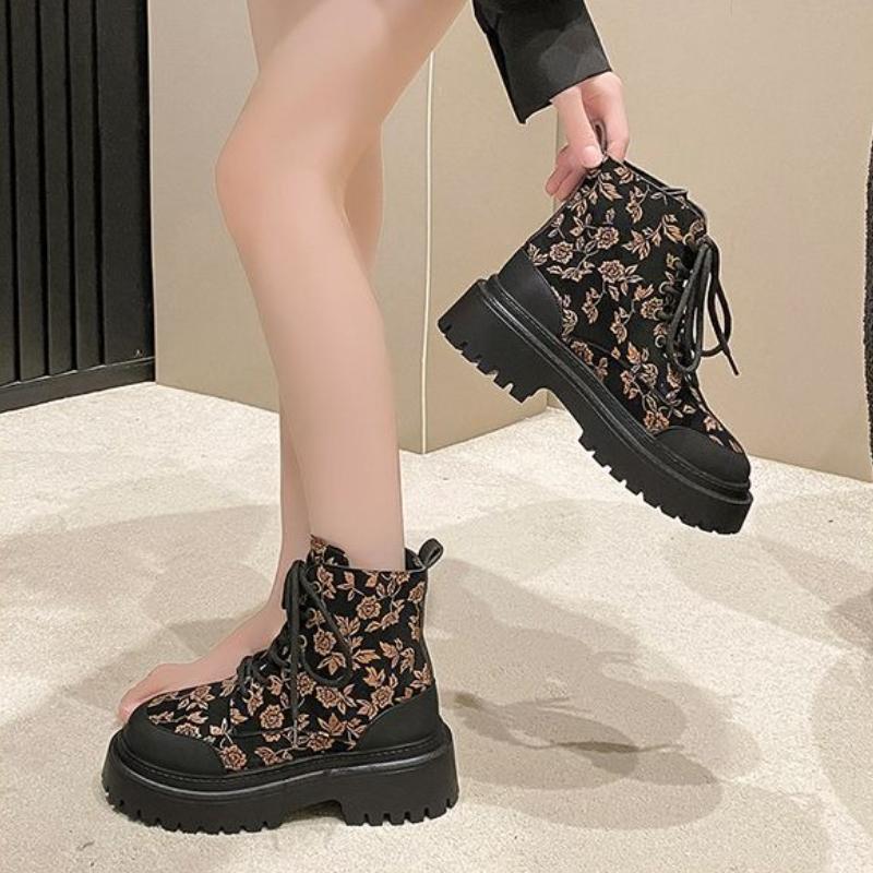 Fashion Platform Round Toe Lace-up Ankle Boots for Women Spring Autumn Print Booties Designer Luxury Sale New In Goth Woman Short Shoes