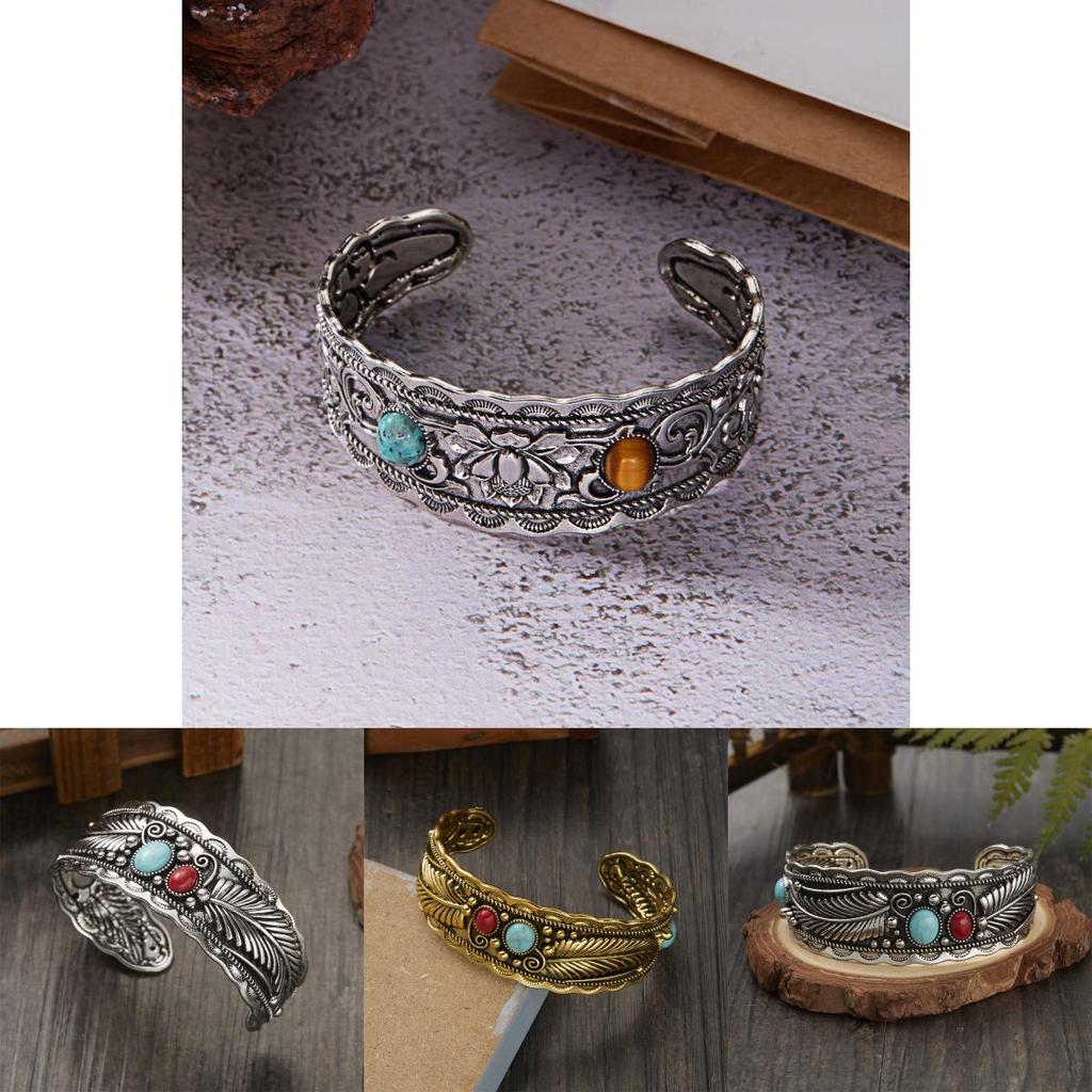 Style Oval Turquoise Bracelet With Vintage Two Tone Leaf Design For Women