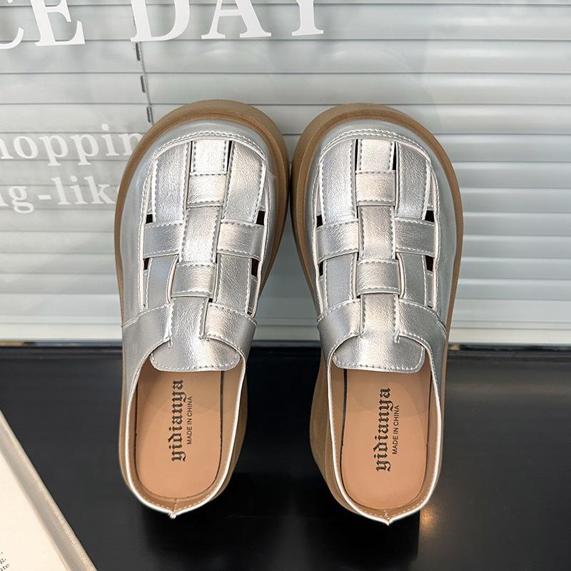 2025 New Thick-soled Heightening Half-slippers Women's Summer Outer Wear Hollowed-out One-pedal Roman Bag Head Sandals Woven Slippers