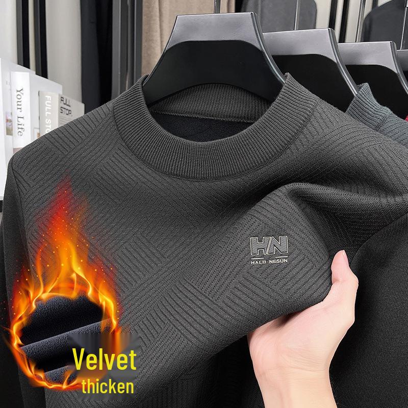 Men's Thick Plush Fleece Knit Top - Round Neck, Warm Base Layer for Winter/Autumn
