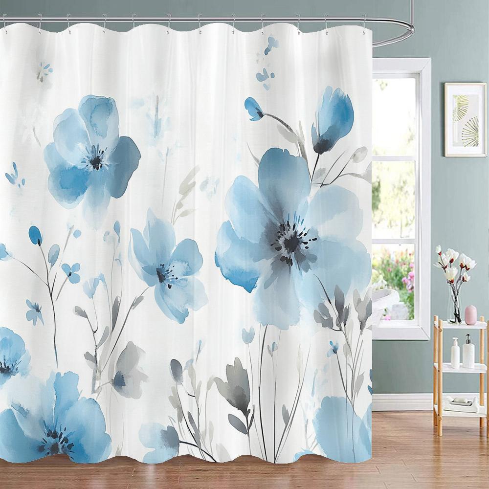 Modern Watercolor Blue Flowers Print Shower Curtain, Polyester Shower Curtain with Hooks for Bathroom Decorative Shower Curtain