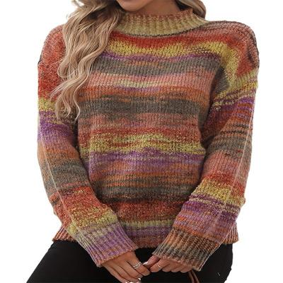 Autumn and Winter Women's Knitwear Plus Size Vintage Rainbow Color Stripe Loose Long Sleeve Round Neck Sweater