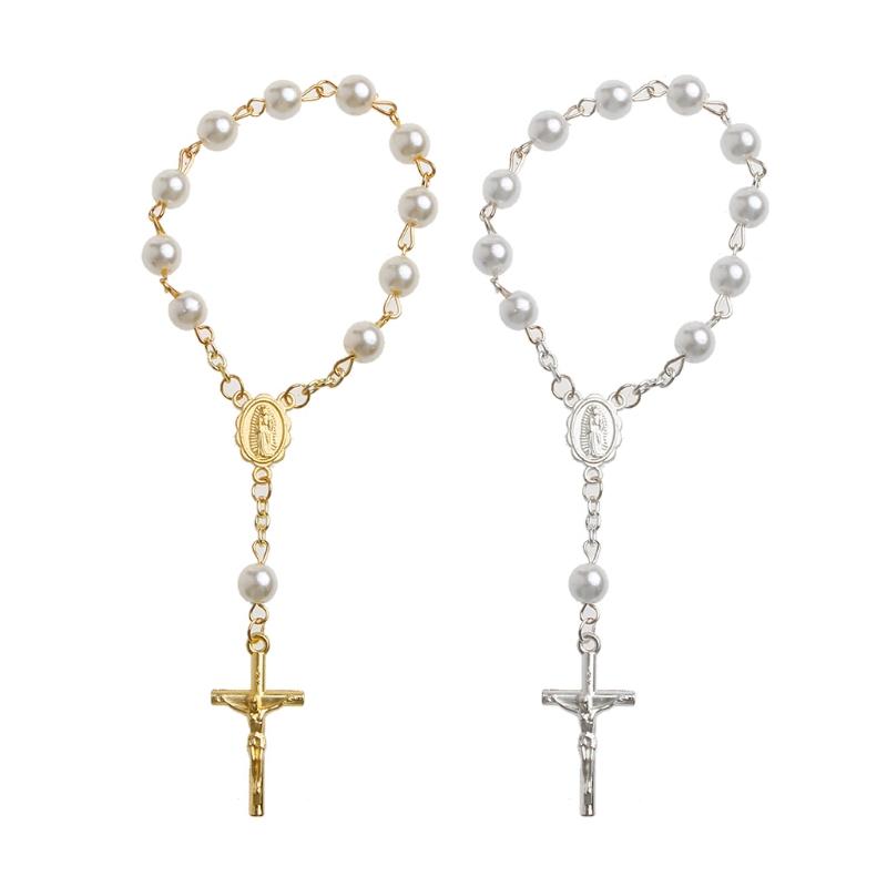 NIEUW Katholiek Kruis Vingerketting Mini Rozenkrans Vinger Doop Rozenkransen Nep Parels Armband voor Doopsuiker Doop