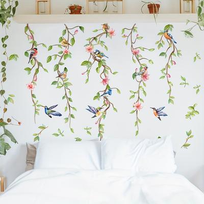 1 ensemble d'autocollants muraux de plantes vertes, de fleurs et d'oiseaux, pour décoration de salon et de maison, autocollants pour fond de télévision, pour chambre à coucher et salon