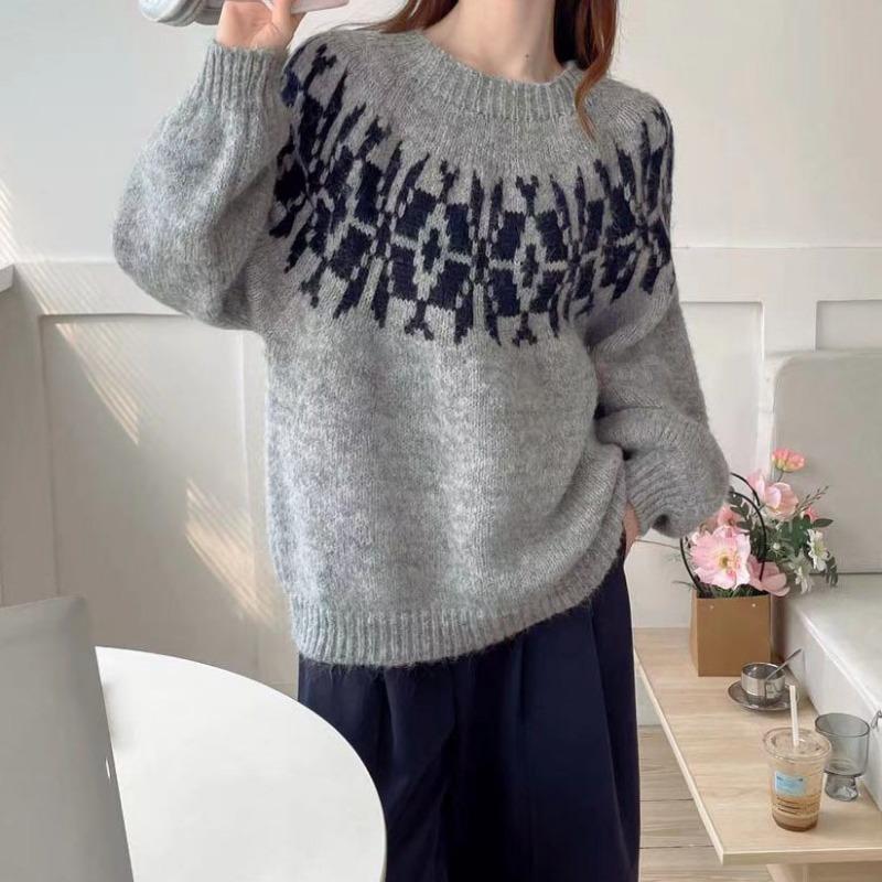 Retro Jacquard Lantern Sleeve Crew Neck Pullover Sweater Women's Lazy Wind Loose Age Reduction Autumn and Winter New Knitted Sweater