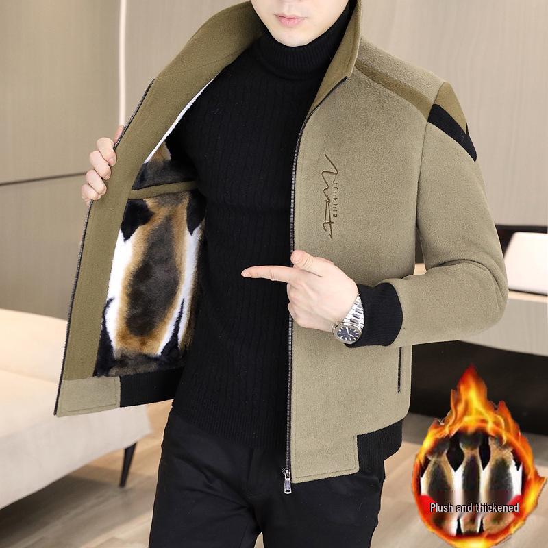 

Men s Autumn/Winter Golden Sable Velvet Woolen Coat - Short, Casual, Thick Stand Collar Jacket 4XL for 175—190 jin