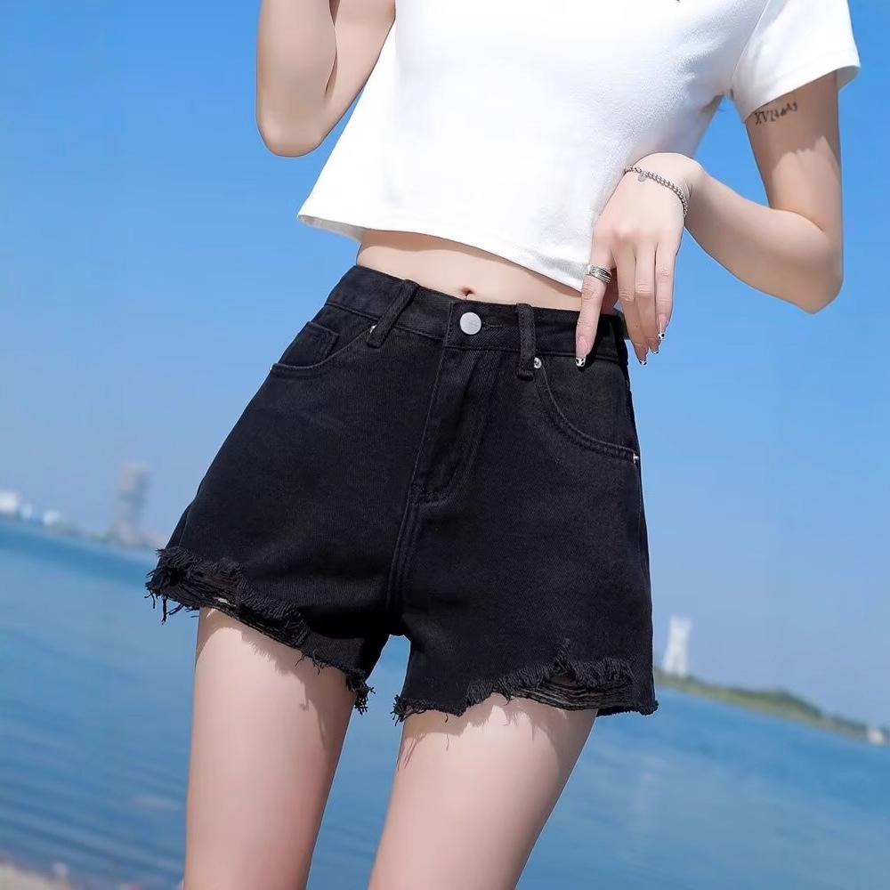 Schwarze High-Waist-Denim-Shorts - Sommer 2025 Slim Fit Locker A-Linie Fransenkante Hotpants für Damen