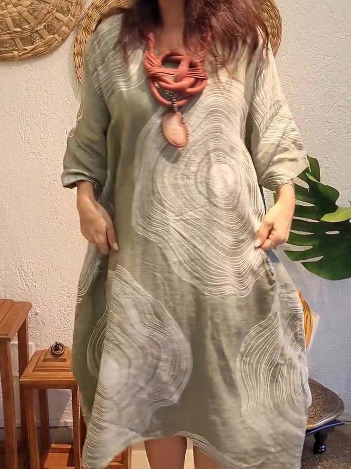 2026 European and American Fashion: Women's Abstract Print Linen Dress with Round Neck and Three-Quarter Sleeves