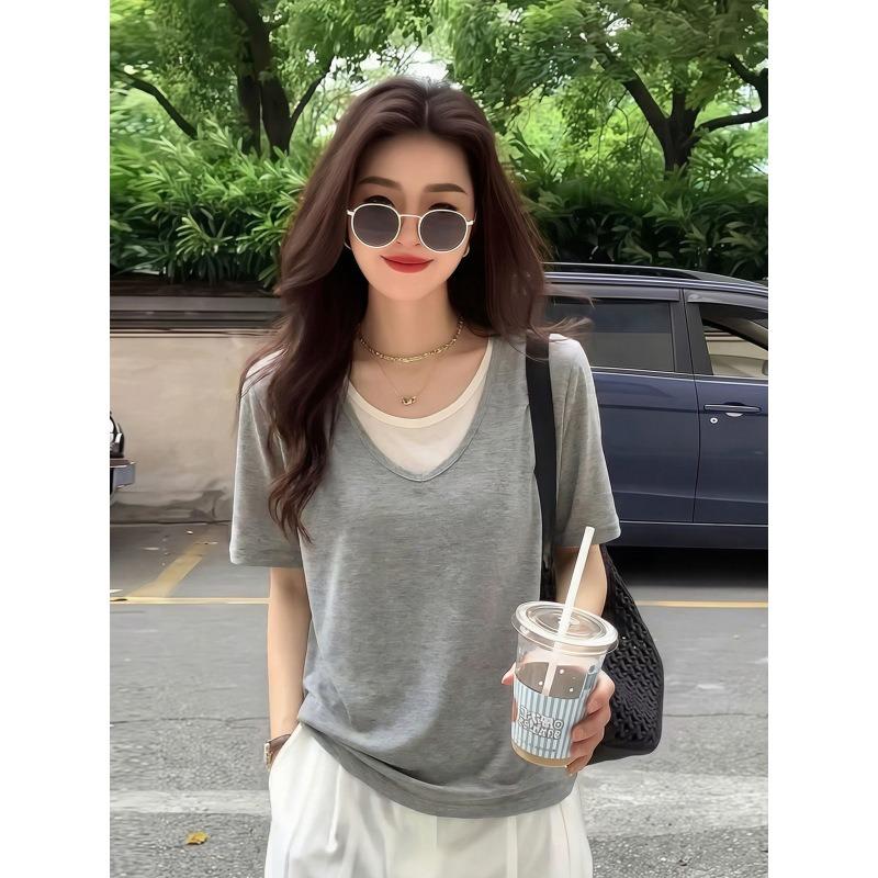 Women Loose Fit V Neck Color Block Thin Short Sleeve Casual Summer Basic T Shirt