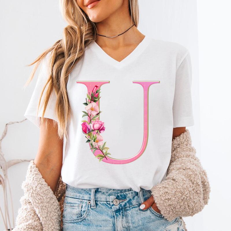 Floral Initials Unisexs Vneck Tshirt Az 26 Alphabet Fashion Casual Tops Pink Flower Short Sleeve Tee Letter S Floral Gift Top