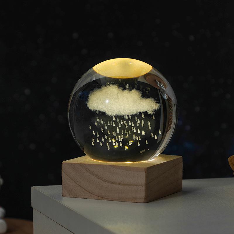3D Solar System Crystal Ball Night Light with Wooden Base - Luminous Desktop Home Decor & Birthday Gift