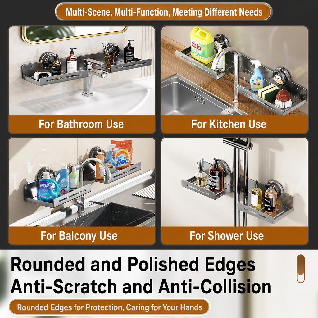 Suction Cup Storage Rack Wall Mounted No-Drill Bathroom Kitchen Drainage Organizer Carbon Steel