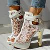 Fashion Comemore Floral Lace Hollow High Heel Sandals Mesh Zip Pumps Ladies Sexy Shoes Peep Toe Casual Women's Sandals Summer Sandalias