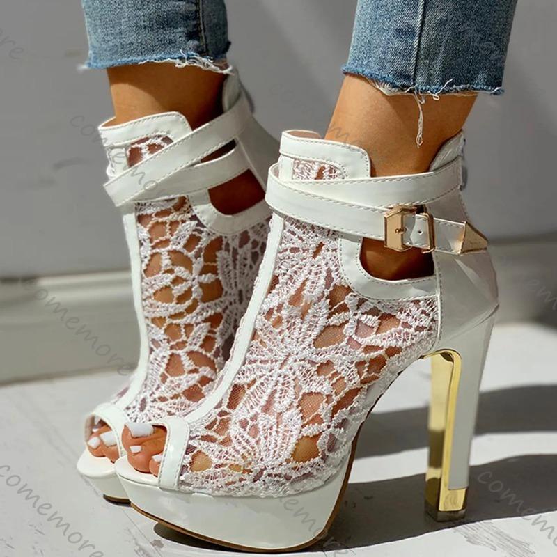 Fashion Comemore Floral Lace Hollow High Heel Sandals Mesh Zip Pumps Ladies Sexy Shoes Peep Toe Casual Women's Sandals Summer Sandalias