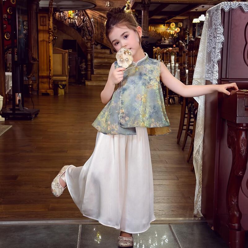 MIMIHELLO Girls' Chinese Style Sleeveless Top & Wide-Leg Pants Set