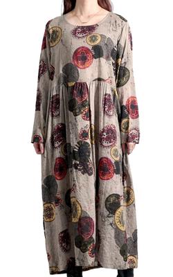Gold Japan Plus Size Long Dress with Vintage Long and Gathered Perfect for and Size Brown Women's Print, Sleeves, A-Line, Flared, Design, Fall,
