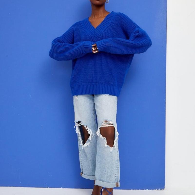 Damski sweter jesienno-zimowy z dekoltem w szpic, w jednolitym kolorze, z długim rękawem, luźnym, dzianinowym swetrem na wszystkie mecze