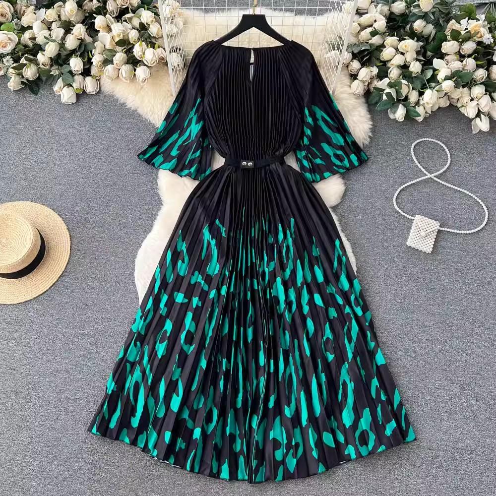Summer Beach Leopard Print Miyake Oversized Dress Women Clothing Flare Sleeve Belt Big Swing Pleated Loose Long Robe