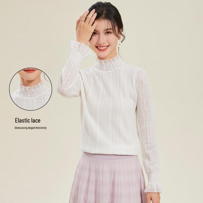 Women's Spring Lace-Trim Knit Sweater with Wool & Silk Blend