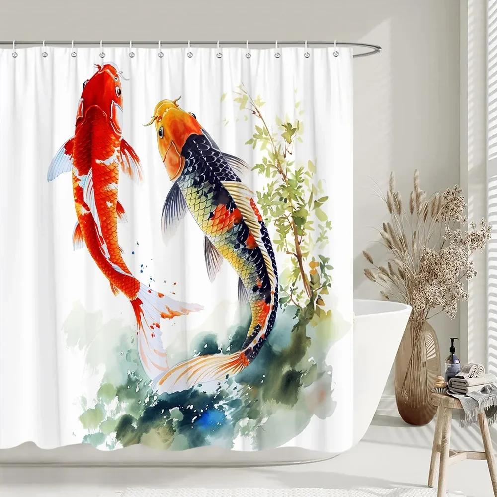 Chinese style Shower Curtain Koi Fish Cherry Blossom Sun Sea Wave Octopus Landscape Polyester Fabric Curtains Bathroom Decor